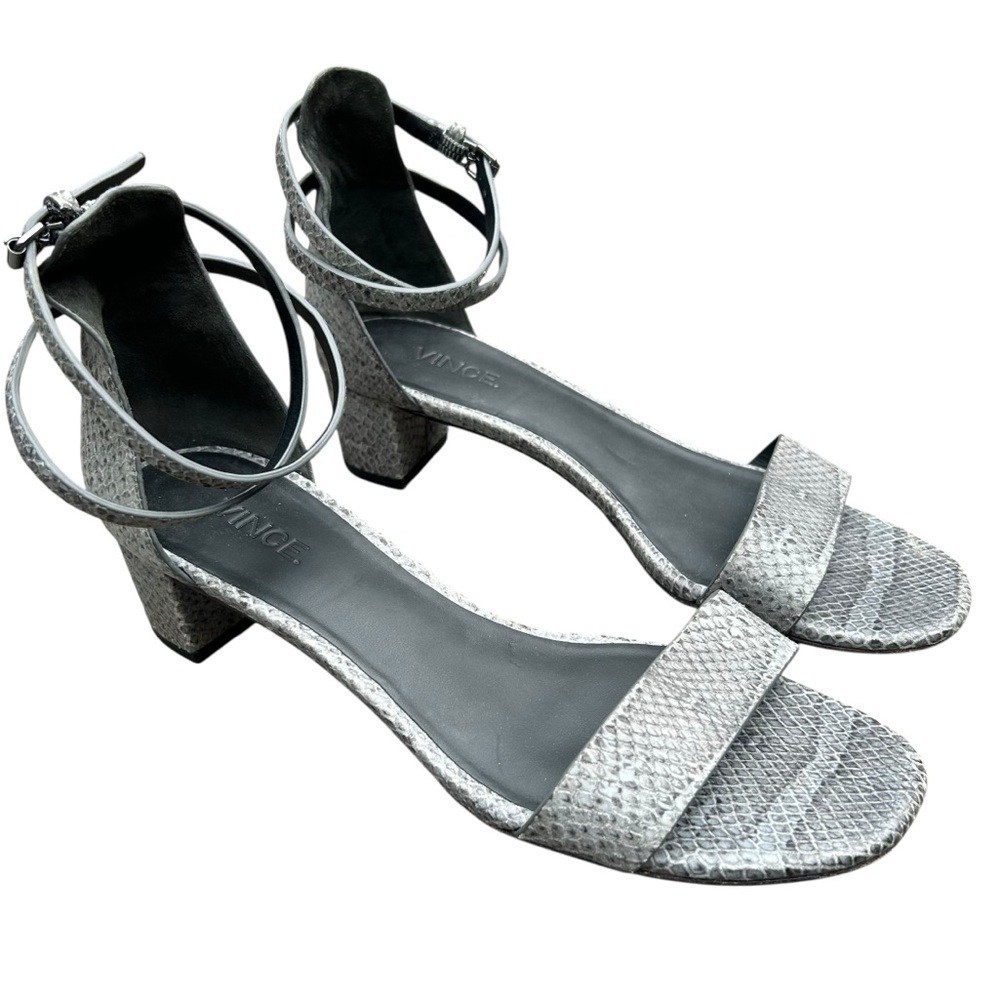 Vince Leather Snakeskin Sandals 7.5 Strappy Low Block Heel Neutral Boho Chic